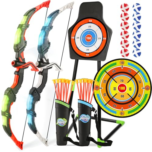 2 Pack Bow and Arrow Set with 29in Large Dart Board, LED Light Up Archery Set for Kids with 20 Suction Cup Arrows&12 Sticky Balls Standing Target Indoor Outdoor Toys Must Have for Boys Girls 3-12 yo