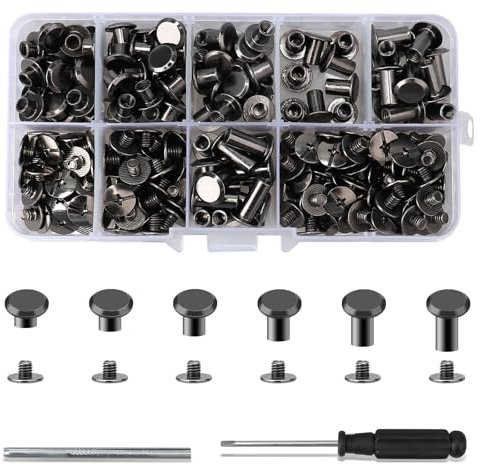 Lot de 120 Rivets en Cuir, Vis de reliure Chicago, Rivets de Reliure à Tête Plate vis de livre 4/5/6/8/10/12 mm, bouton Chicago pour la décoration du cuir DIY,sacs,travaux manuels,colliers,ceintures