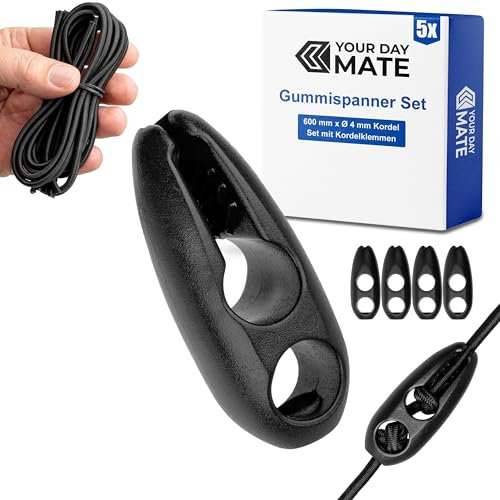 Set di tenditori in gomma elastica, confezione da 5, cordino 600 x Ø 4 mm con morsetti coordinati, in nero, tenditore per bagagli per cartello di avvertimento Italia, Spagna, Portogallo