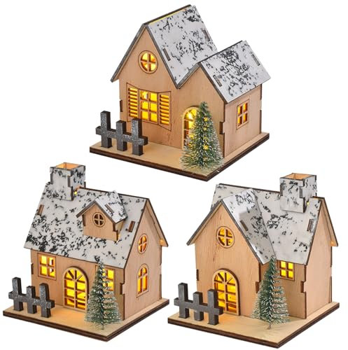 LED Weihnachtsdeko Holz Weihnachtsdorf mit Beleuchtung, Holz Weihnachtsdorf Häuser mit LED Licht, Weihnachtshäuser Deko Holzhaus Winterhaus Beleuchtet Weihnachtshaus für Weihnachten Deko (3 Stück)