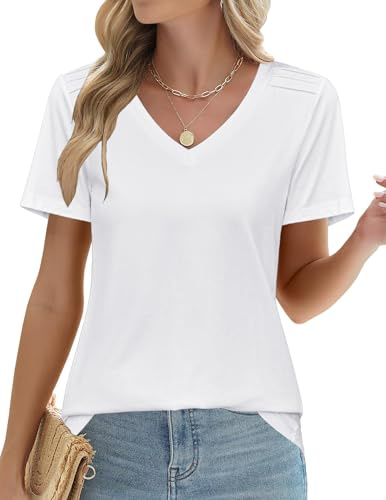 Zeagoo Camiseta Mujer Verano Mangas Cortas Blusas De Cuello En V De Color Liso Plisadas Informales Elegantes Tipo Túnica S-XXL