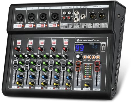 6-Channel Audio Mixer for PC, SX-6iu Mixing Console with XLR Inputs, Bluetooth, 99 Digital Signal Processor Effects, USB Interface, MP3 Compatible for Podcast, Music, Recording 9.84x2.17x12.6inches