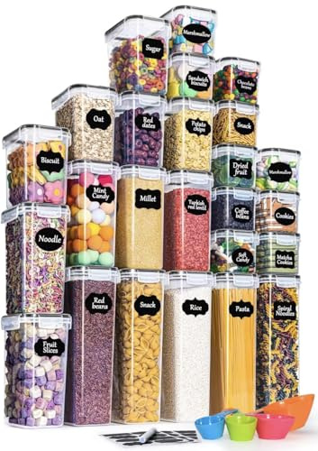 CHARBAG 25 Piece (40 ltr) Airtight Food Storage Containers with Lids, BPA Free Kitchen Storage Containers, Stackable Pantry Food Containers, Pasta Storage Containers, Labels and Measuring Cups