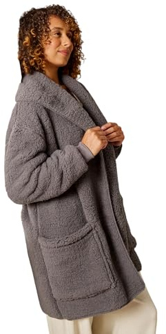 OHS Waterfall Teddy Fleece Cardigan Long Sleeve Open Front Wrap Style Cardigan Sweater with Pockets Lightweight Ultra Soft Warm Cardigans Casual Wear & Lounging, Charcoal Grey-S/M