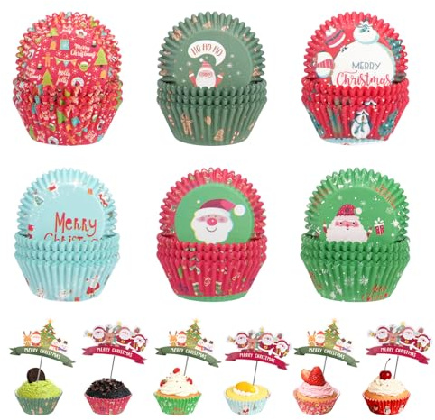 600 Moldes de Papel para Magdalenas Navideñas con 40 Adornos para Tartas, Moldes para Cupcakes Resistentes a la Grasa, Cápsulas de Papel para Hornear para Decorar Tarta en Fiestas de Navidad