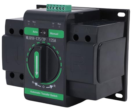 Fockety Interruttore di trasferimento automatico a doppia alimentazione, interruttore di commutazione generatore 125A 2P 2 in 1 Out con modalità di commutazione automatica e manuale