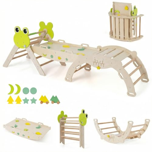 RELAX4LIFE Set da Arrampicata per Bambini, Triangolo di Arrampicata con Scivolo e Arco, Gioco di Incastri in Legno, Gioco Montessori per Bambini 1+ Anni (Rana-3 Pezzi | Naturale)