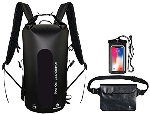 Freegrace Waterproof Dry Bags Set of 3 - Dry Bag with 2 Zip Lock Seals, Waist Pouch & Phone Case - Can Be Submerged Into Water for Swimming, Kayak, Rafting & Boating (Window, Black, 35L)