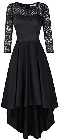 KOJOOIN Women Lace Dress Crew Neck 3/4 Sleeve Midi Dress 50s Vintage A-line Dinner Prom Dress for Party Cocktail Black-3/4 Sleeves XL