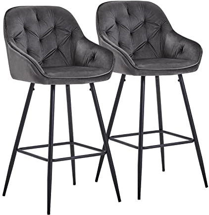 CLIPOP Barhocker 2er Set Samt Barsessel Küchenhocker mit Armlehne und Fußstütze, hohe Rückenlehne Frühstücksbarhocker für Zuhause, Küche (Grau, 55 x 53 x 107 cm)