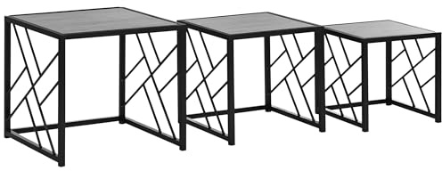 HOMCOM Nesting Coffee Tables, Set of 3 Square Side Tables with Black Metal Frame, for Living Room, Bedroom and Office, Grey