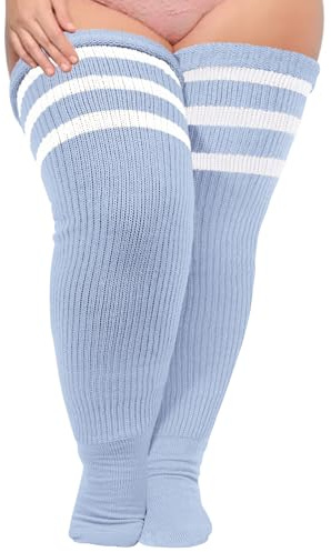 Moon Wood Calzini Lunghi Donna Alti Calzini Donna Sopra il Ginocchio Calze Donne con Giarrettiera Regolabile Inclusa Taglia Grande Azzurro Chiaro e Bianco