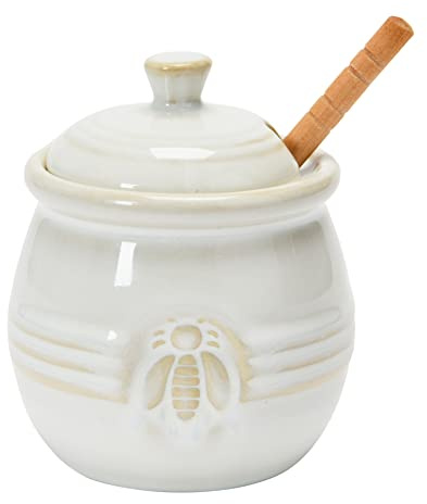 Creative Co-Op Farmhouse Embossed Stoneware Honey Pot with Wood Honey Dipper, White