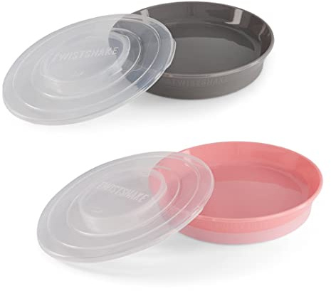 Twistshake 2 piatti per bambini con coperchio ermetico | piatti per bambini | senza BPA | piatti per allenamento alimentare | grigio rosa