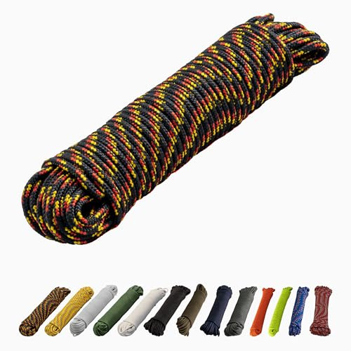 ITACORDA- 90ft Eco-Friendly Braided Rope -Multipurpose Resistant Flag Camping Anchor Rope, Indoor/Outdoor Heavy Duty Ropes -Made of Recycled Plastic Bottles- 1/4in(6mm) Thick -Black w/Yellow&Red Dots