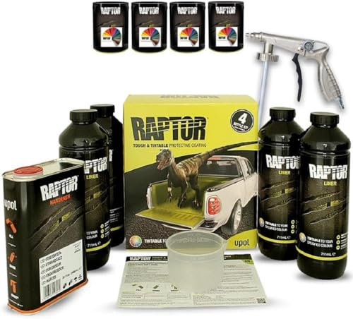 Raptor Upol 4,19 L. Bouteilles Kit: de 4x revêtements de peinture + 4x concentré de peinture Toutes les couleurs RAL + de durcisseur + Standard pistolet. (RAL 1003 Jaune de sécurité)