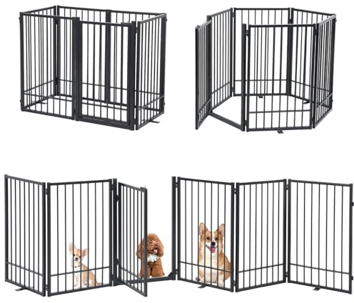SMONTER Freestanding Dog Gate with Door Walk Through, 306cm Extra Wide Indoor Dog Fence, 80cm Height 6 Panels Foldable Metal Pet Puppy Gate for Stairs, Hallways, Doorway
