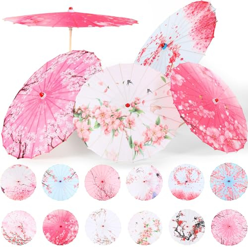 Shinylin 12 Pcs Chinese Oiled Paper Umbrella for Weddings 32 Inch Bamboo Silk Chinese Japanese Parasol Flower Art Dance Umbrella for Bridal Showers Favor Photography Costumes Props(Rose Red,Vibrant)