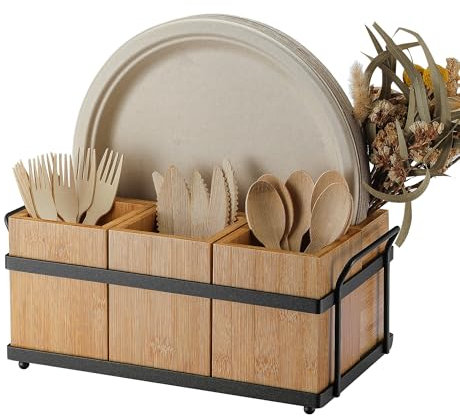 PTSTING Silverware Caddy Wood Utensil Holder Paper Plate Dispenser Silverware Utensil Caddy Cutlery Flatware Organizer Box for Spoons Forks Plates Napkins