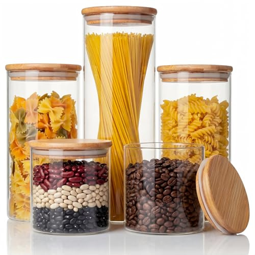 Multi Size - 5 Pack Glass Jars with Bamboo Lids, Glass Pantry Storage Containers with Airtight Lids, Round Air Tigh Food Storage Canisters for Cereal, Pasta, Flour, Sugar, Best for Kitchen Organizer