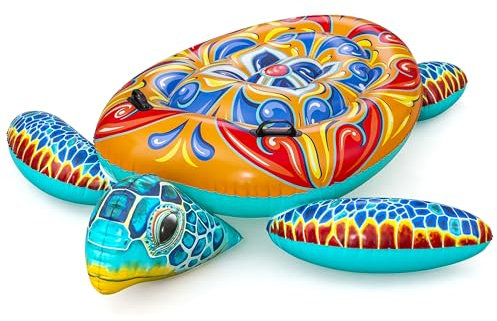 Bestway Schwimmtier Mediterranean Turtle, 186 x 168 x 42 cm, 85 kg Belastbarkeit, Robuste Haltegriffe, Sicherheitsventile, PVC, Majolika-Design, Ab 3 Jahren, Inkl. Reparaturflicken