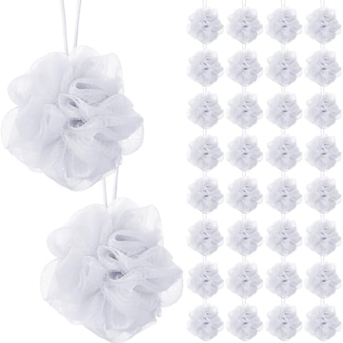 Sunnyray 200 esponjas de lufa a granel pequeñas esponjas de lufa blancas suaves para mujeres y hombres, limpieza de viaje, accesorios de baño, regalos de ducha, puf de malla a granel