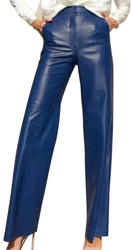 Women's Leather Pants Versatile High Waisted Straight Leg Trousers Retro Faux Leather Pants with Pocket Work Pants Blue