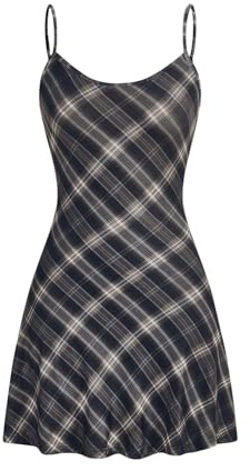 WDIRARA Women's Plaid Spaghetti Strap Cami Dress Sleeveless Flared Hem Mini Dress Black and White X-Large