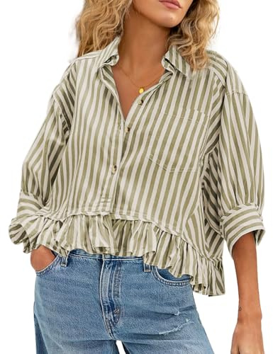 CHYRII Womens Summer Tops Dressy Casual Blouse Top Ruffled Short Sleeve Button Down Striped Shirt Olive Green XL