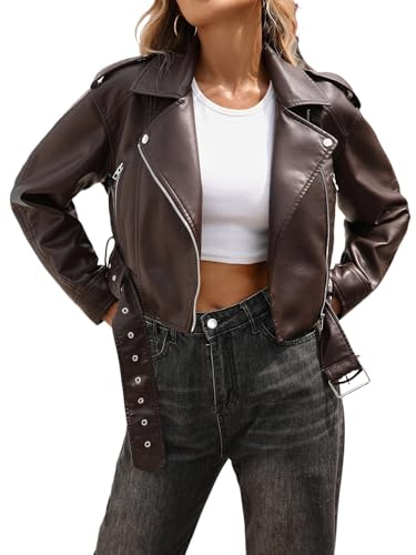 LY VAREY LIN Women Faux Leather Cropped Jacket Vegan Motor Biker Coat with Belt