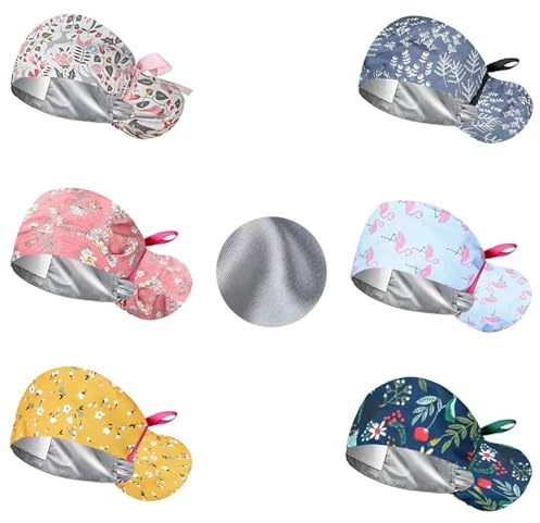 6PCS OP Hauben Damen mit Satinfutter, Verstellbar OP Haube Stoff mit Knopf, Pferdeschwanz Schrubben Kappe mit Baumwolle Schweißband, Arbeitskappe, Baumwolldruck Chirurgische, Satin Haarhaube Kochmütze