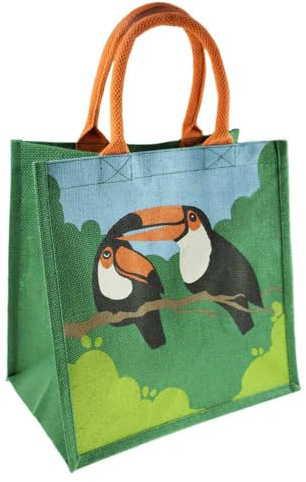 Shared Earth Jute Shopping Bag with Toucan Print, 30 x 30 x 20 cm, Natural Fibre Tote