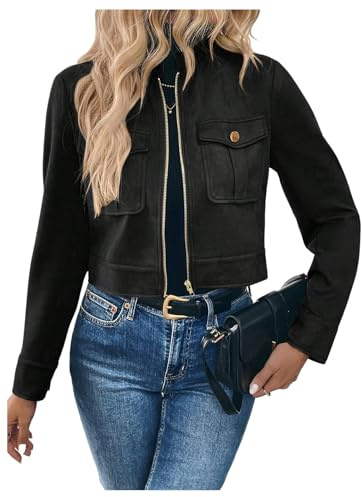 Verdusa Women's Zip Up Crop Spring Jackets Faux Suede Long Sleeve Motorcycle Cargo Jacket with Pockets Black Medium