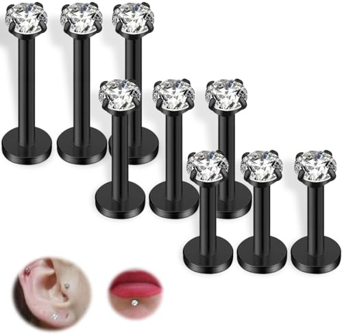 COYUN 9 Pcs Piercing Oreja Tragus Labret Roscado Interno Labio Hipoalergénico Pendiente Pequeño Helix, Oreja Labio Piercings Hipoalergénico Tragus Pendientes Labret Nariz Studs para unisexo, negro