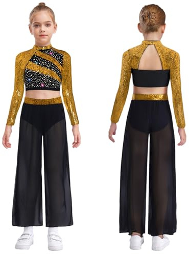 Vxuxlje Bambine Ragazze Top Corto E Pantaloni Chiffon A Zampa 2 Pezzi Abbigliamento Danza Jazz Latino Costumi Danza Contemporanea Oro 9-10 anni