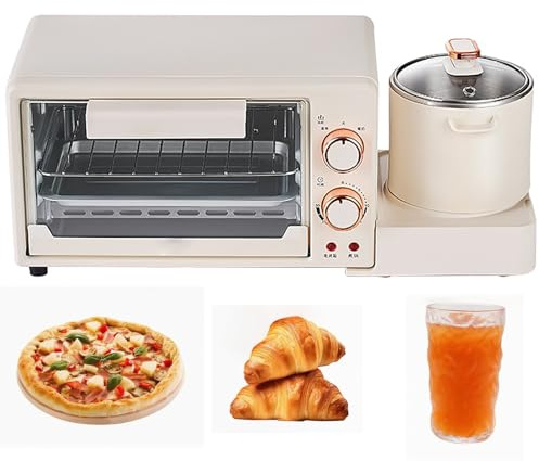 Macchina per la Colazione Multifunzionale 4 In 1, Macchina per Cuocere Al Forno e Grigliare Tutto In Uno con Forno da 8 Litri e Pentola per Cottura Profonda da 0,8 Litri, Piccola Macchina per La