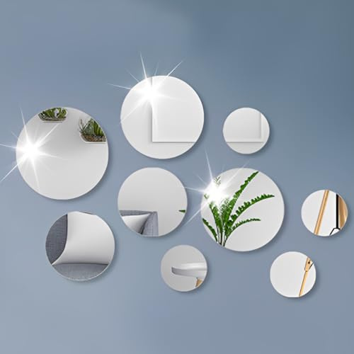 NOPVUFA 9 Pezzi Redondas Espejos Adhesivo Pared Decorativos, Redonda Pegatinas Pared Decorativas Acrílico Plata Extraíble para Habitación, Salón, Dormitorio, Oficina