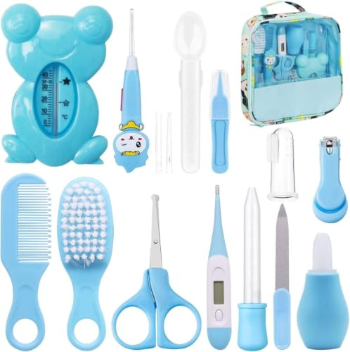 Kit de Cuidado para bebés de 13 Piezas (Esenciales para recién Nacidos) – Set portátil de Salud y Aseo; Incluye cortaúñas, Peine, Aspirador Nasal, termómetro y Herramientas para el Cuidado de Las