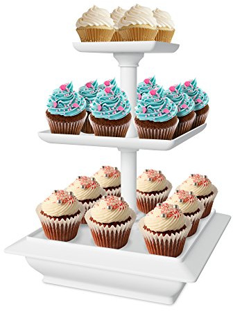 3-Tier Cupcake Stand - Square Display Stand for Birthday, Tea Party, Wedding, or Baby Showers - Dessert Table Display Set (White)