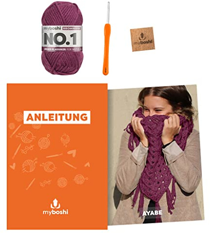 myboshi Häkelset Dreieckstuch Ayabe, inkl. No.1 Wolle, Nadel und Anleitung, Häkelpaket für Anfänger, 30% Merinowolle Brombeere, mit Häkelnadel