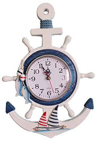 YOAI Wanduhr Kinder Badezimmer Uhr Holz Maritime Bad Deko mit Steuerrad Anker Fischnetz Shabby Wanddeko für Wohnzimmer Schlafzimmer Kinderzimmer (Type-2)