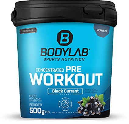 Bodylab24 Concentrated Pre-Workout Booster Ribes Nero 500g, booster di energia con creatina, beta-alanina, arginina, niacina e caffeina, per più potenza ed energia durante gli allenamenti.