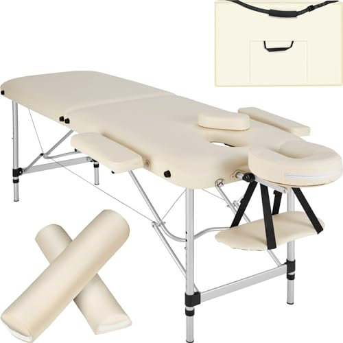 tectake 801044 Massageliege klappbar und höhenverstellbar, Aluminium Massagetisch mit 2 Zonen, Kopf- und Armstütze, Mobile Massagebank inkl. Tasche, Voll- und Halbrolle (Beige | Nr. 404601)