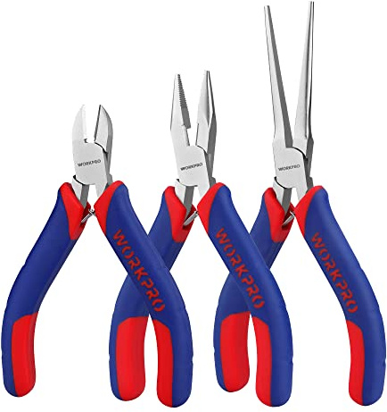 WORKPRO Mini Pliers Set, 3-Piece Small Pliers Tool Kit Includes 4” Diagonal Plier, 5” Long Nose Plier, 6” Needle Nose Plier, for Making Crafts, Repairing Electronic Devices