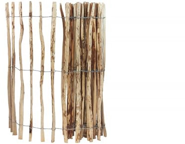Staketenzaun – Gartenzaun 150 cm Hoch – Einfriedung von Grundstücken, Weiden, Teichen – Stabilisierung von Kletterpflanzen – Zaun aus Haselnussholz mit Stahldraht – Farbe natur, Länge 500 cm, 3-4 cm