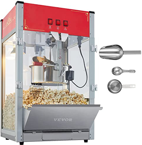 VEVOR Popcornmaschine Popcornautomat - 1440 W Popcornmaschine mit 12-oz-Kessel für bis zu 80 Tassen pro Ladung, mit gehärtetem Glas und 3 Edelstahlschaufeln