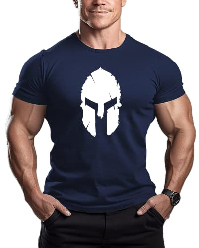 ReedCA Spartan Helmet - Mens Bodybuilding T-Shirt - Gym Training Top Fitness(Navy,M)