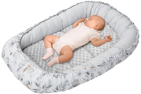 Medi Partners Babynest Nestchen für Neugeborene - 100x60x15 Babynestchen Baby zweiseitg Nest Bett 100% Baumwolle Minky Kuschelnest tragbar (Hirsch in Blättern mit Minky Grau)