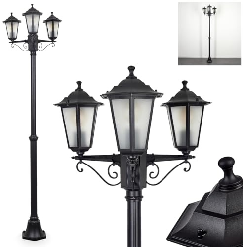 Lampada da esterni Loria, lampada da sentiero in metallo/vetro smerigliato in nero/bianco, candelabro a 3 luci, effetto antico, altezza max. 200 cm, illuminazione da giardino IP44, 3 lampadine E27,