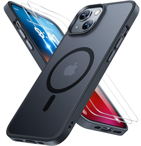 Miracase Magnetisch für iPhone 15 Hülle Kompatibel Mit MagSafe[mit 2 Schutzglas] Militärnorm Schutz Anti-Fingerabdruck Schlanke Ausführung Handyhülle für iPhone 15 6,1 Zoll, Schwarz